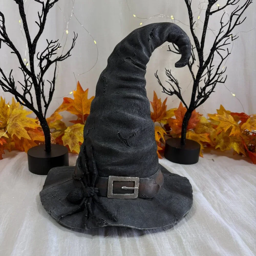 Witch Hat Halloween Prop Decor Gray Stitches Spider Centerpiece Resin Large 14